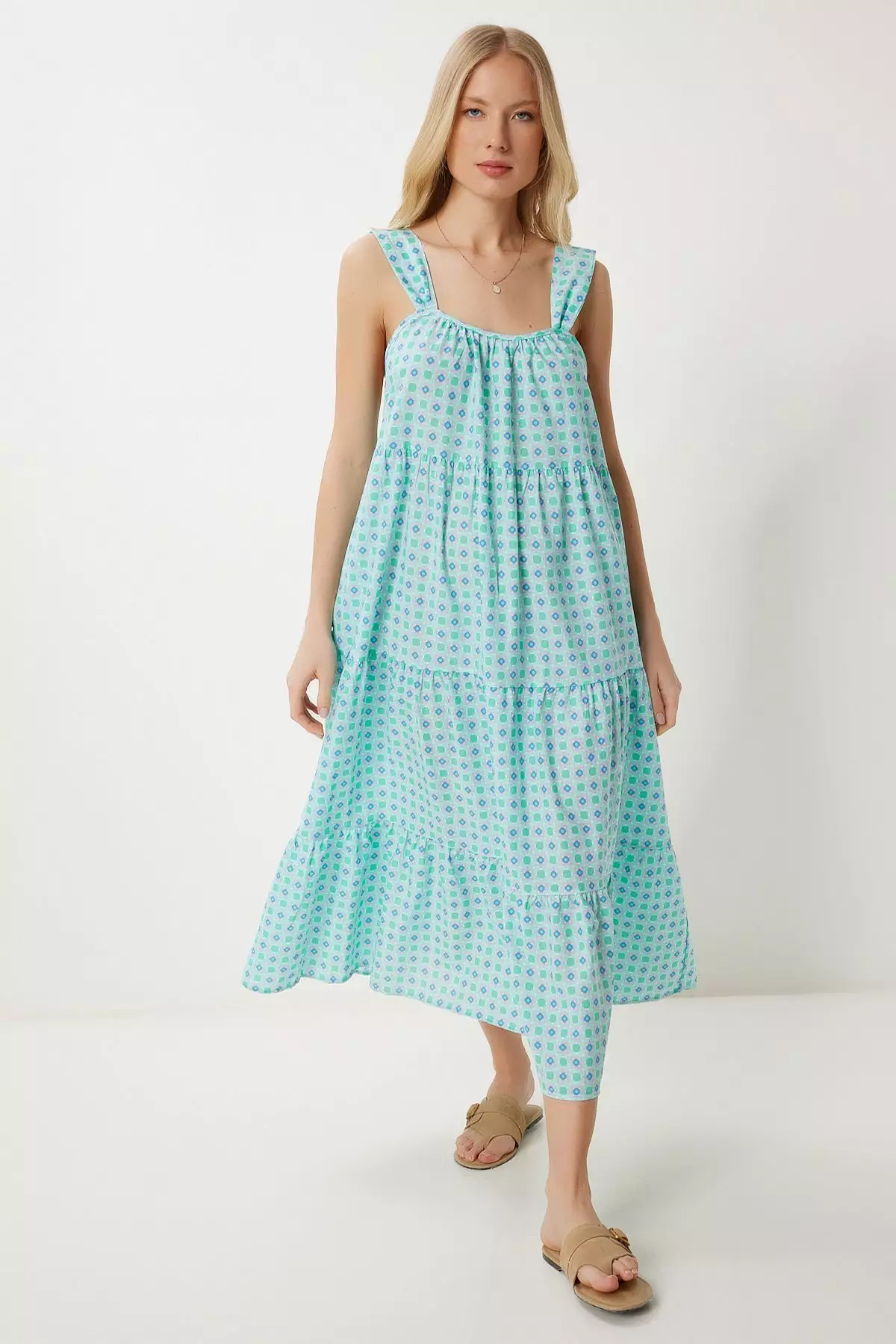 Women's Mint Green Patterned Flounced Summer Dress Fk00024