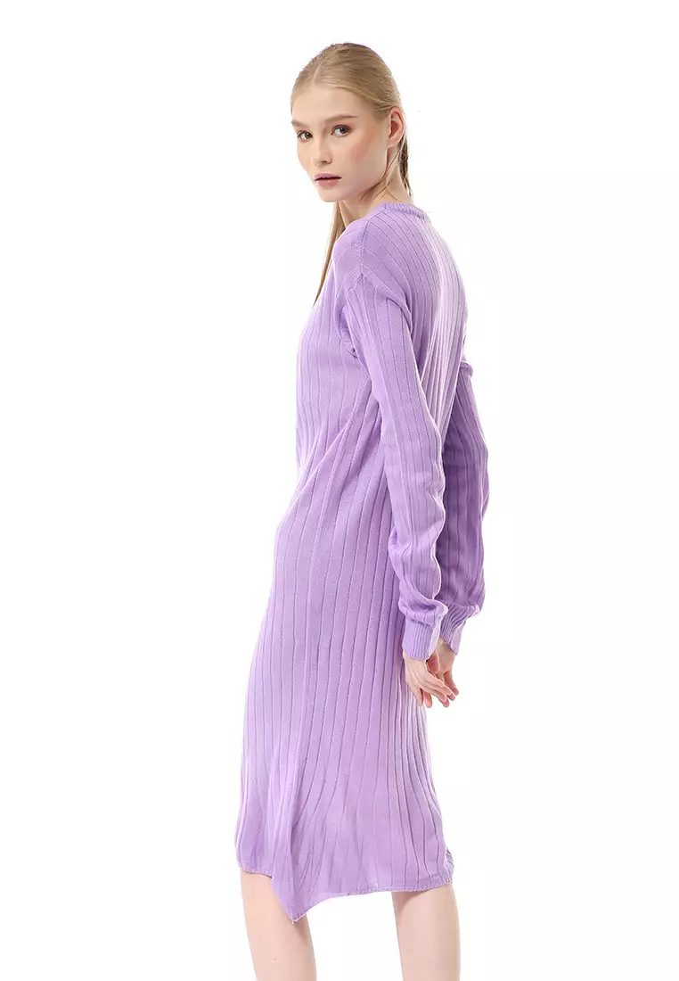 Adela Dress Rajut Tunik Wanita Motif Polos Long Sleeve Relaxed Fit - Lilac