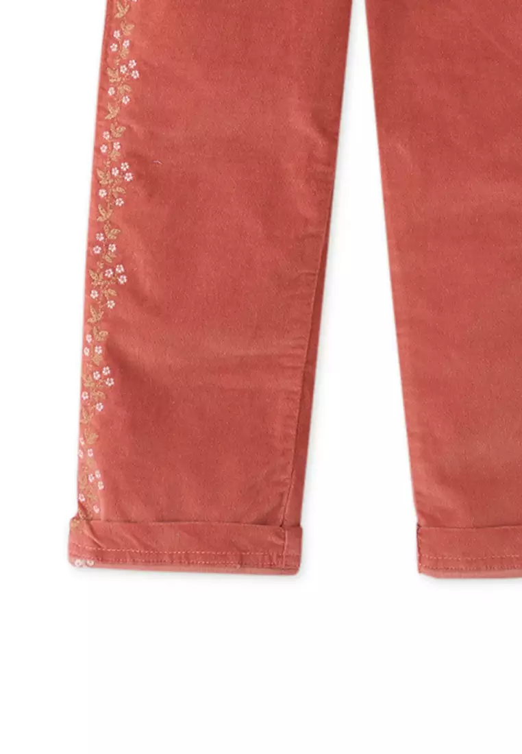 Girls Straight Fit Waleless Cord Pants With Side Embro