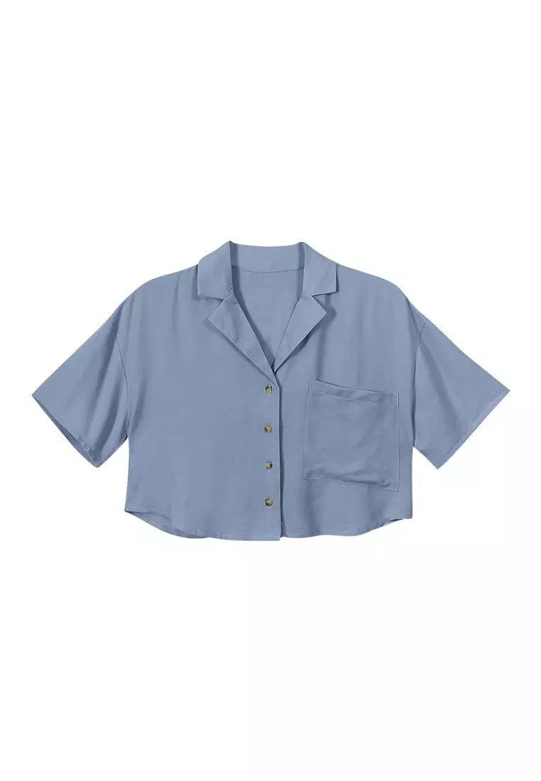 Ladies Button-Down Crop Polo - Chambray Blue