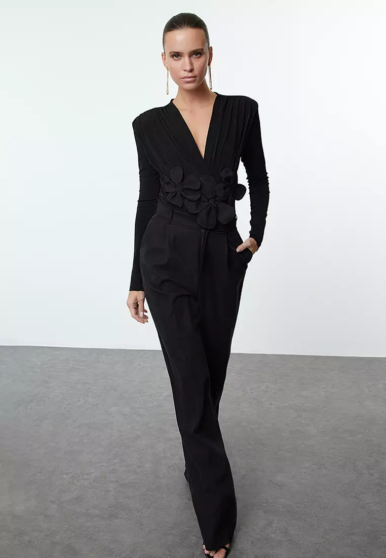 Black Applique Flower Detailed Snap Fastener Knitted Bodysuit