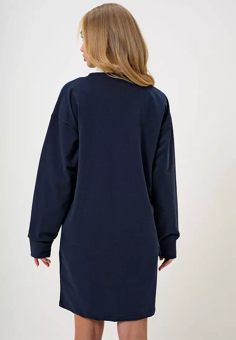 Women's Navy Blue Crew Neck Sweatshirt Dress Alc-X13137