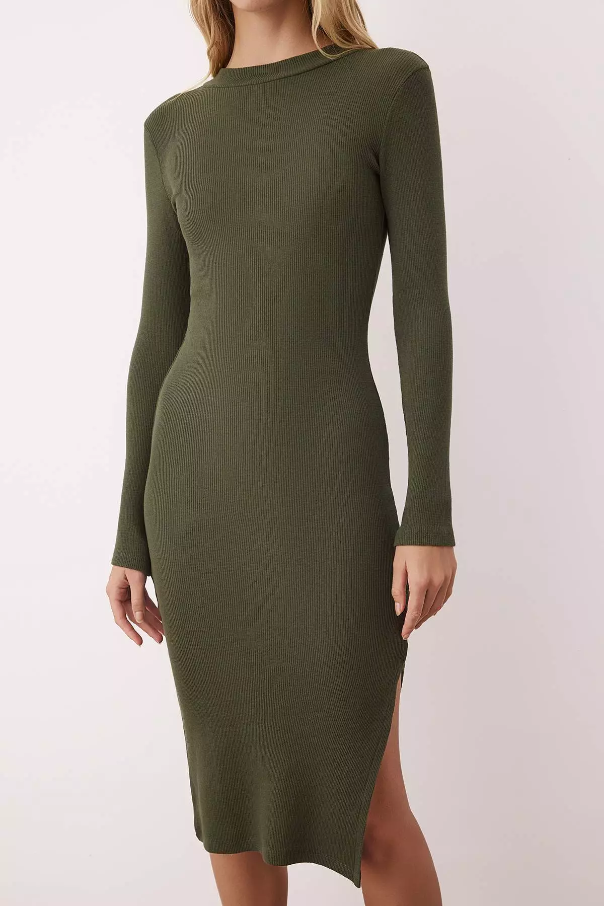 Khaki Body-Styling Slit Crew Neck Midi Ribbed Flexible Knit Pencil Dress Twoaw21El0135