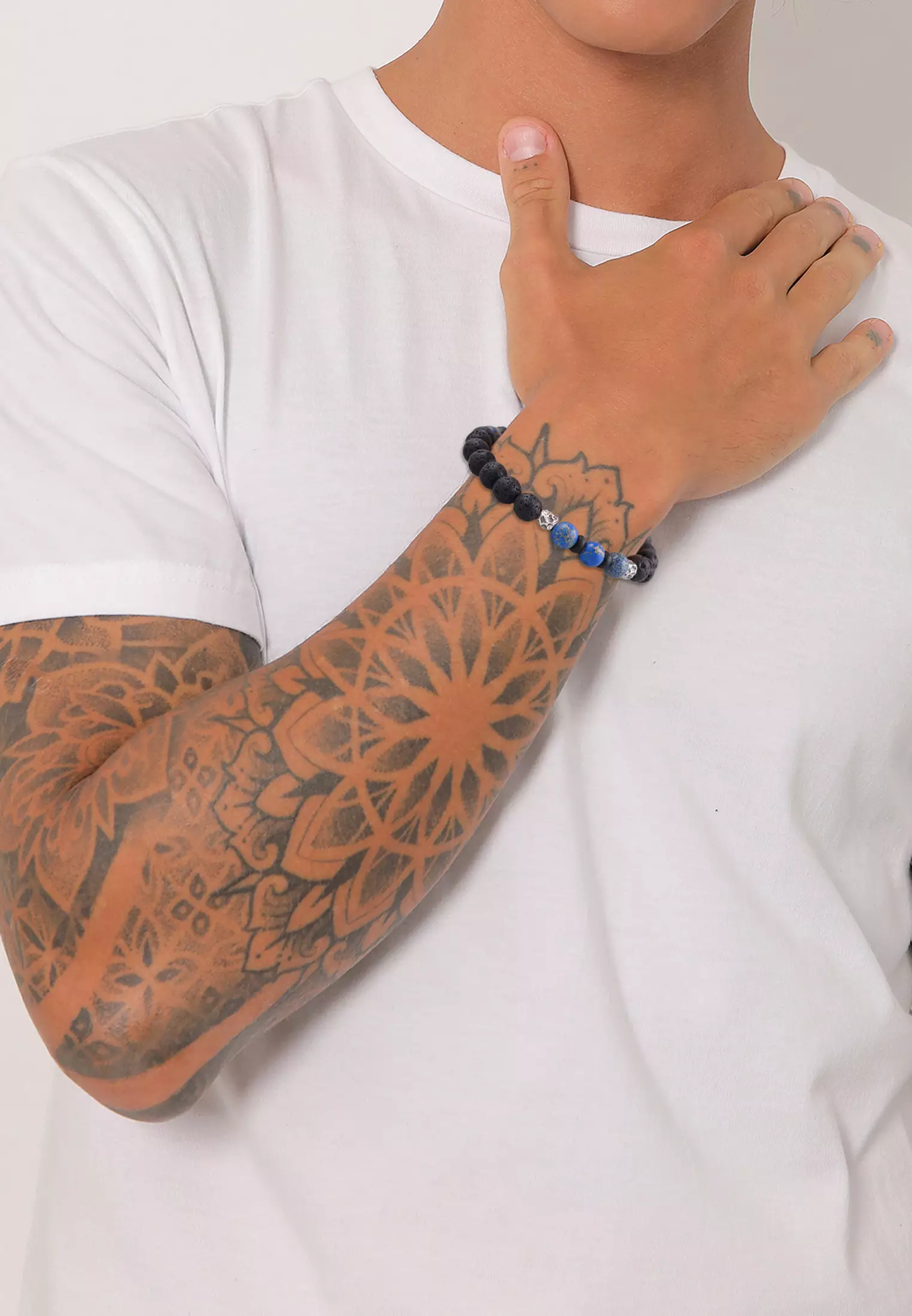 Bracelet Men Beads Round With Lava Stone And Agate Beads