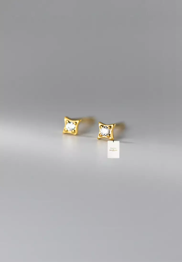 925 Silver Plated Gold Zircon Four Pointed Star Earrings JW AR-M02623