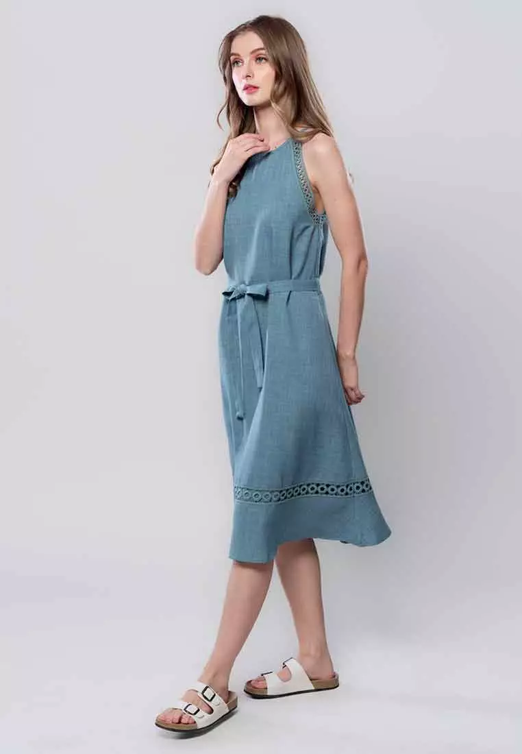 Rosaline Halter Sleeveless Dress with Trimming Detail and Sash Belt