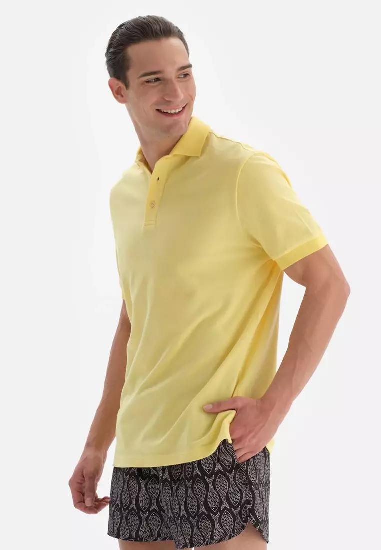 Light Yellow T-Shirt, Polo Neck, Short Sleeve Beachwear for Men