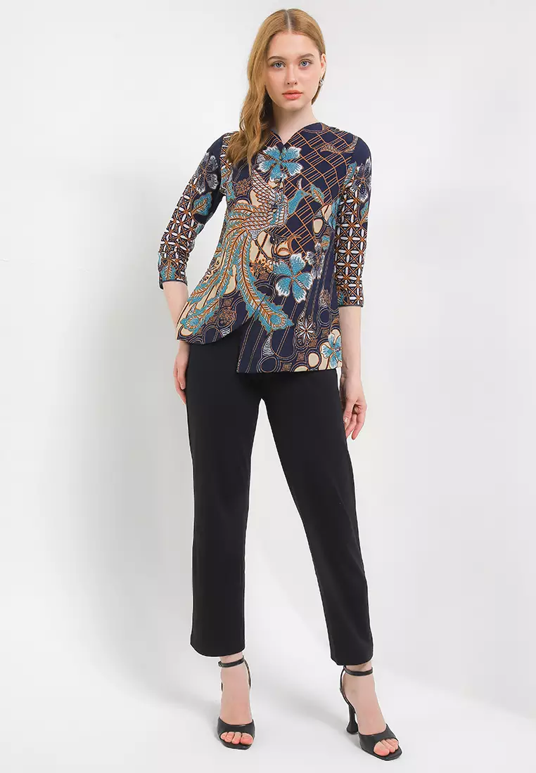 Blouse Atasan Batik Wanita Alerica Furing Navy Lengan Panjang