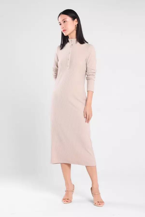 Minimal - Ribda - Rib Dress Lengan Panjang - Beige Warna Beige