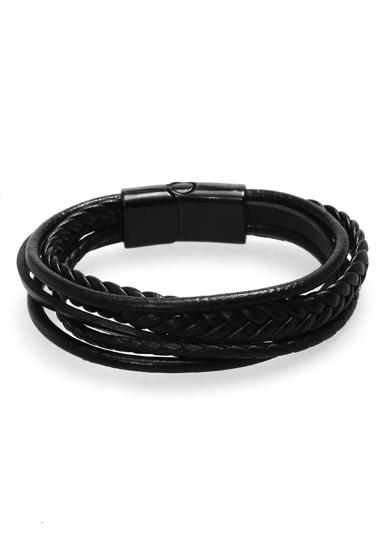 Aleda Gelang Kasual Pria Aksesoris Fashion Adjustable Strap Desain Mix Kepang Material Leather Stainless Steel ORIGINAL - Black