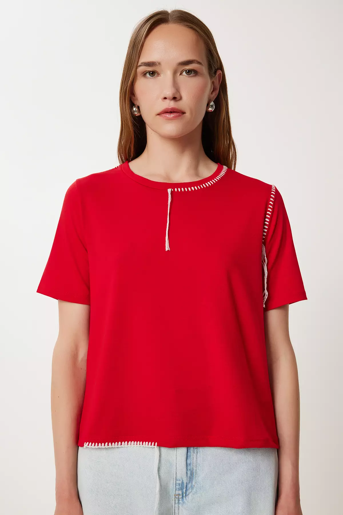 Women's Red Contrast Stitching Detailed Knitted T-Shirt Tp00087