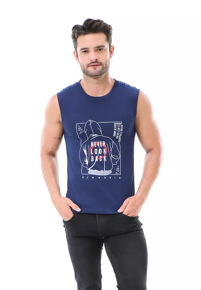 Bobby Atasan Kasual Pria Singlet Motif Never Look Back Sleeveless Tshirt Material Cotton ORIGINAL - Navy