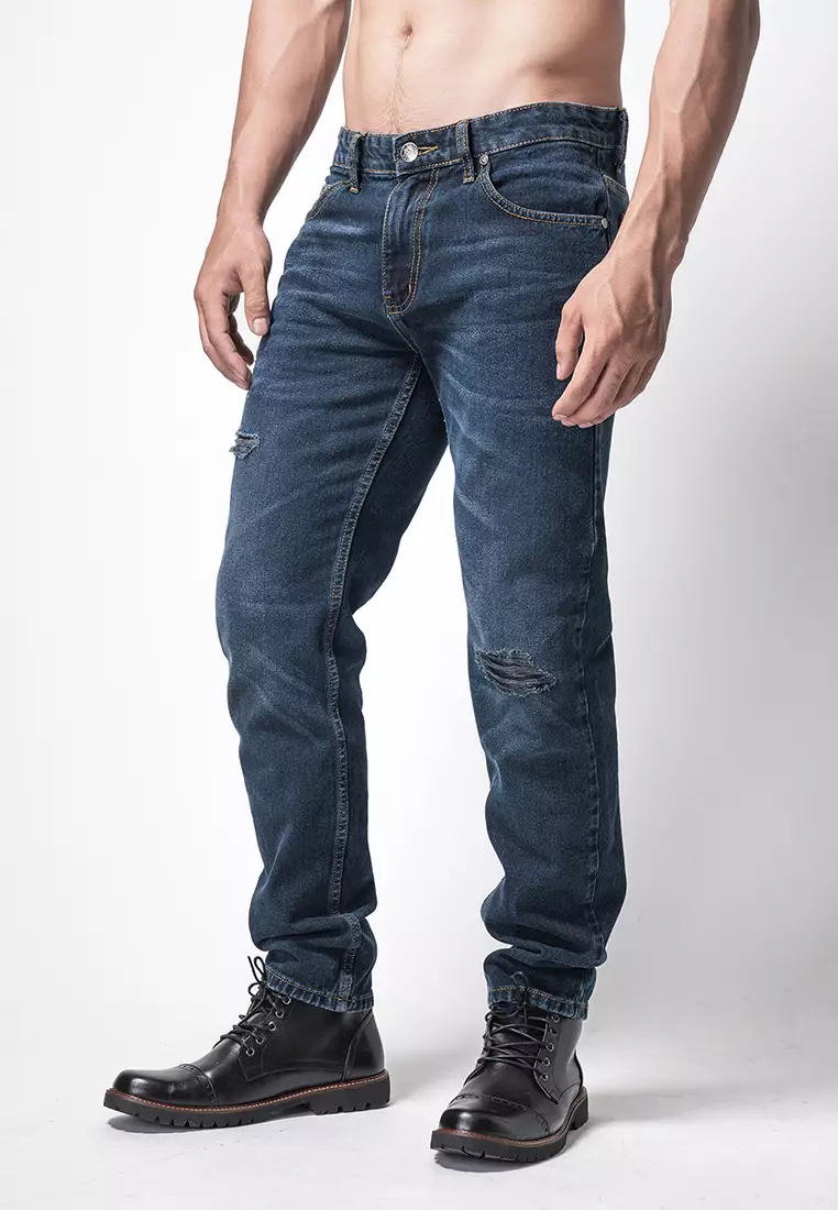 Tapered Fit Jeans Premium Dark Blue Wash Ripped