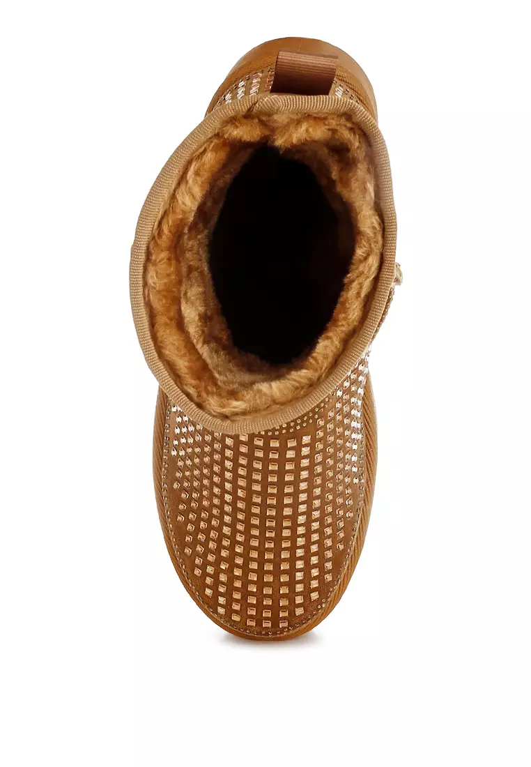 Chunky Rhinestones Ankle Boots in Tan