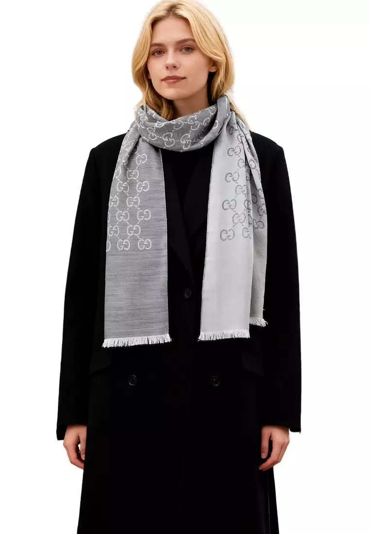 GG Logo Wool Silk Scarf in Grey 165904 3G646