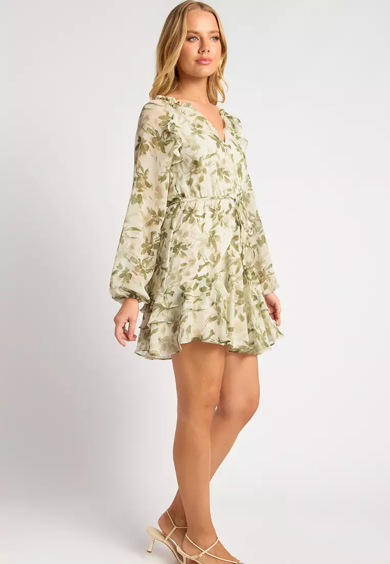 印花荷葉雪紡連身裙