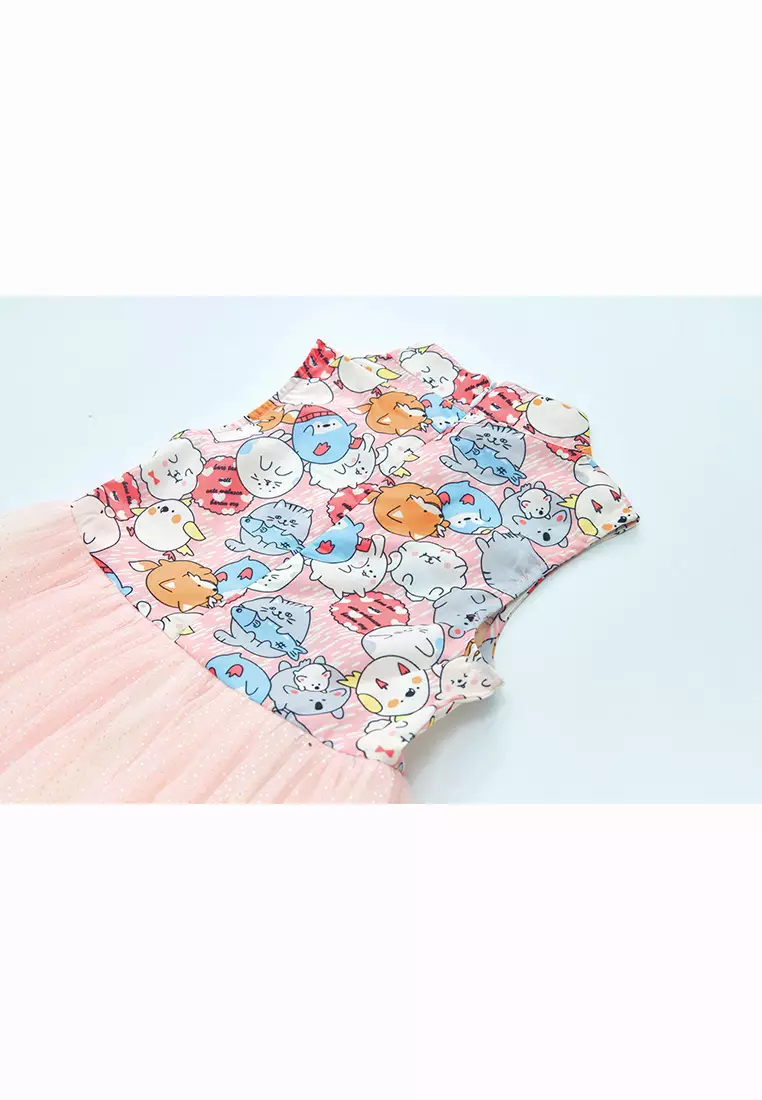 Purrfect Family Paws Baby Kids Girl Sleeveless Pink Cats Voile Cheongsam Dress Family Wear 0814