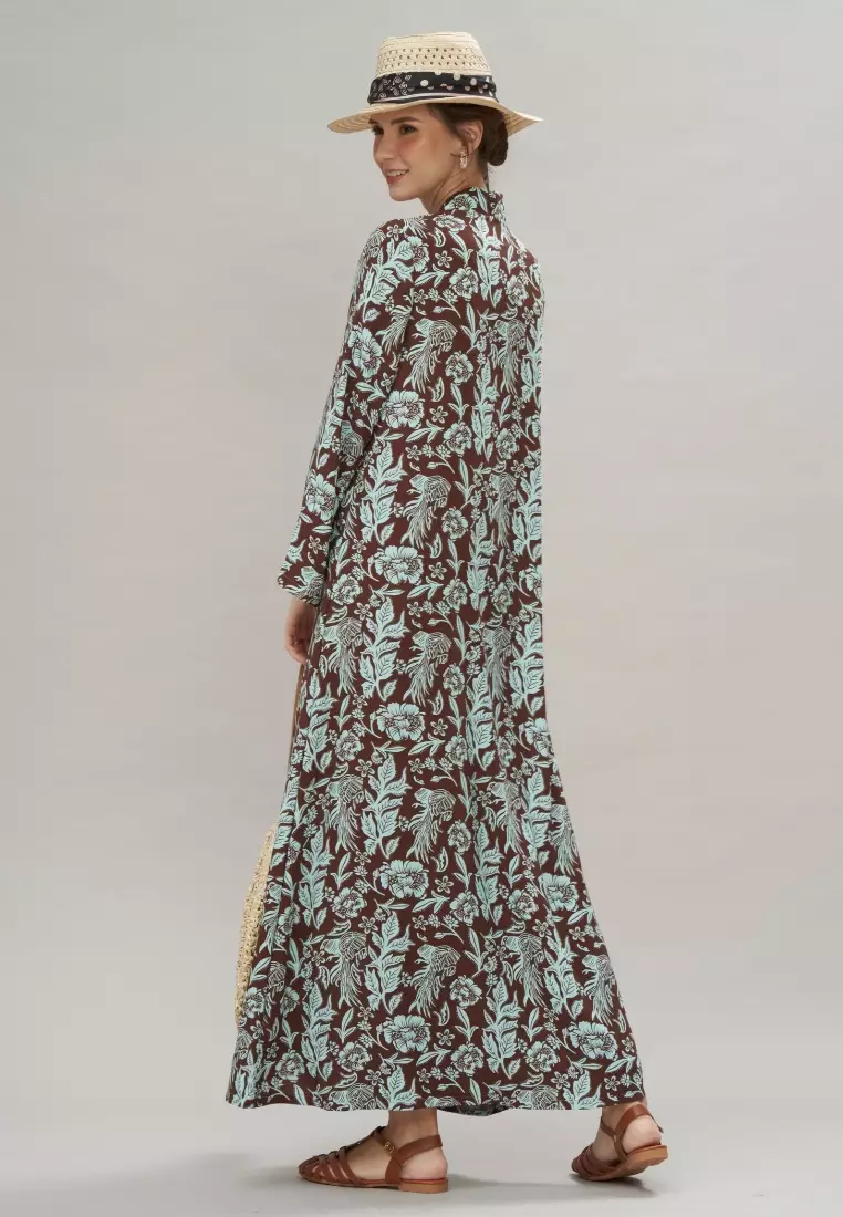 Teal Brown Floral Modern Abaya with Free Flower Brooch