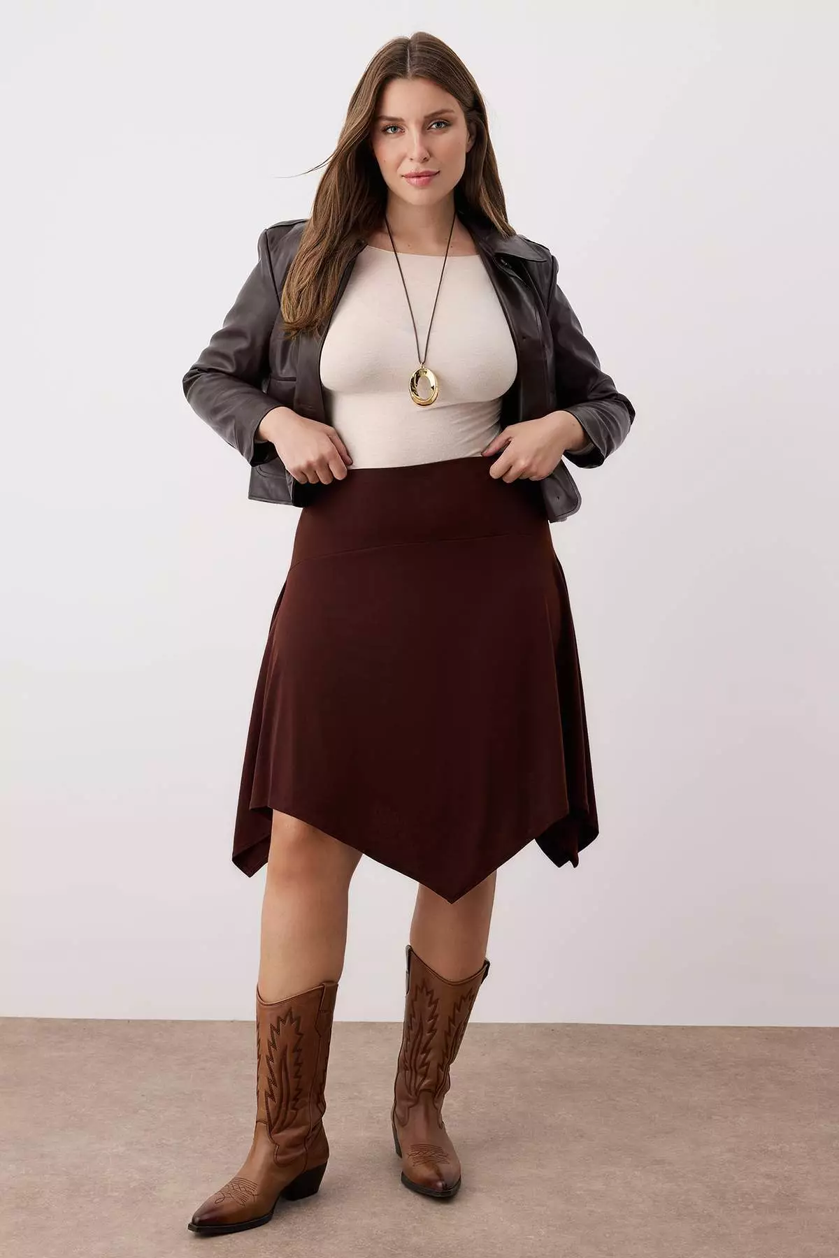 Brown Elastic Waist Skirt Asymmetrical Midi Knitted Plus Size Skirt