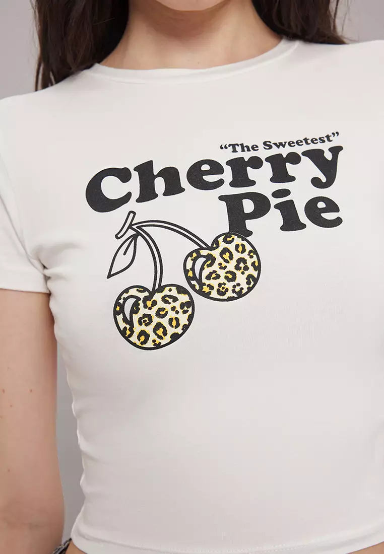 Ecru Slogan Printed Crop Fitted Knitted T-Shirt