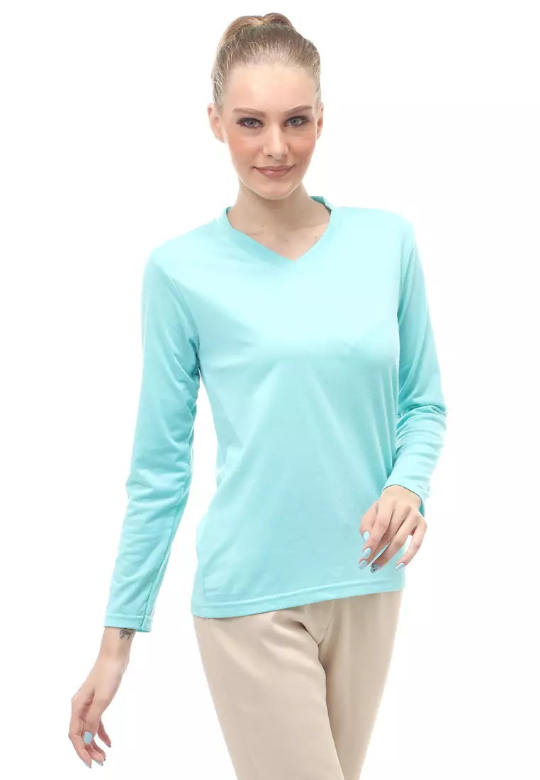 Kaos Polos Atasan Wanita V-Neck Lengan Panjang Design Simple Relaxed Fit - Mint