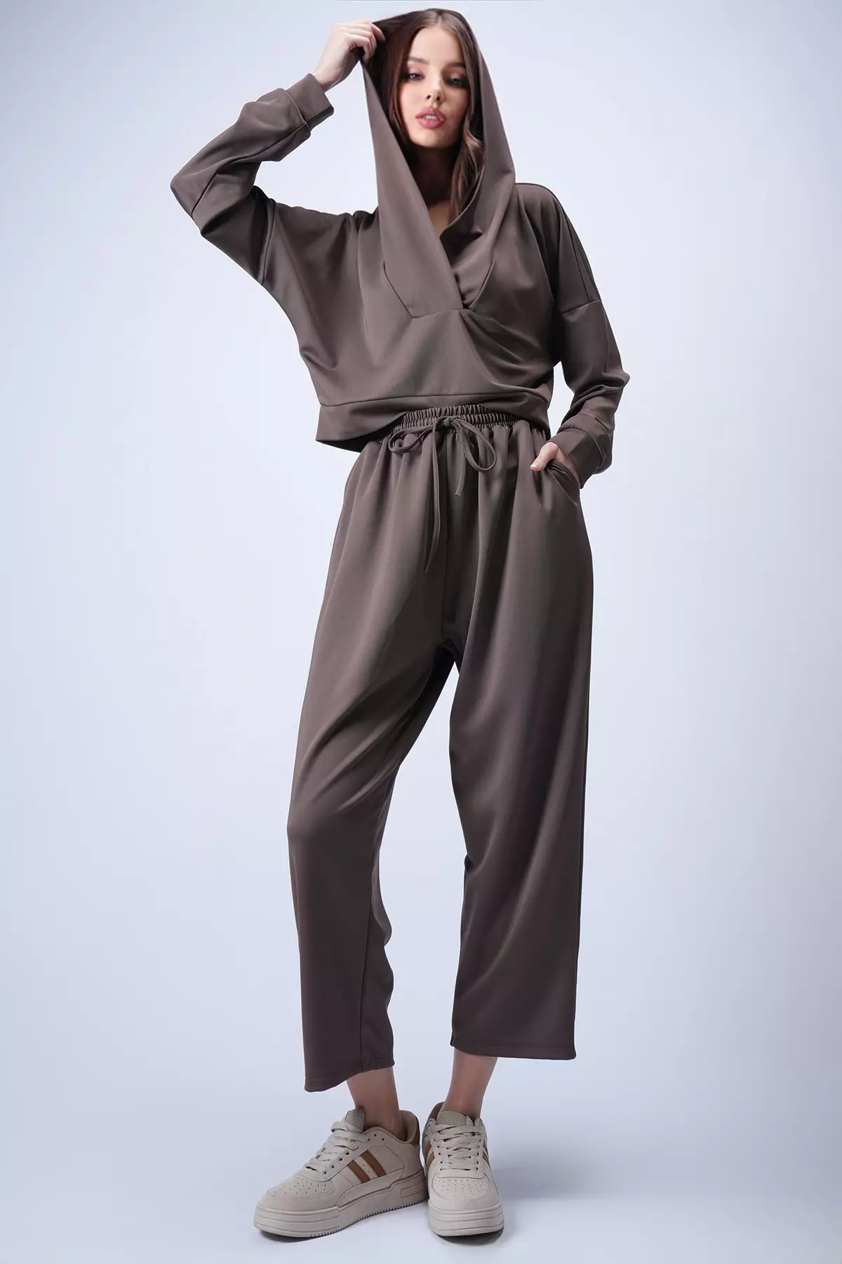Women'S Bitter Brown Hooded Double-Breasted Collar Loose Fit Transitional Bottom Top Set Alc-X13268
