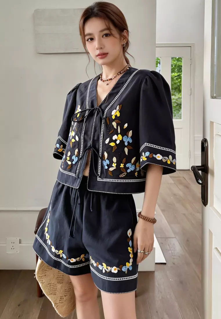 Korean style embroidered linen shirt and casual shorts set CA26033044BK