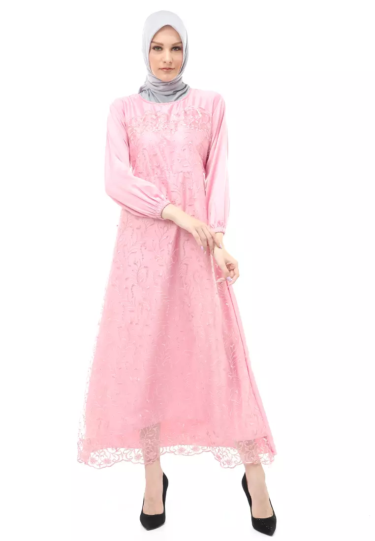 Monita Gamis Brokat Tile Wanita Muslimah Regular Fit - DustyPink