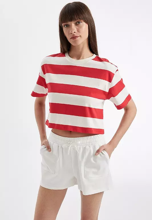 Boxy Fit Crew Neck Striped Basic Short Sleeve T-Shirt