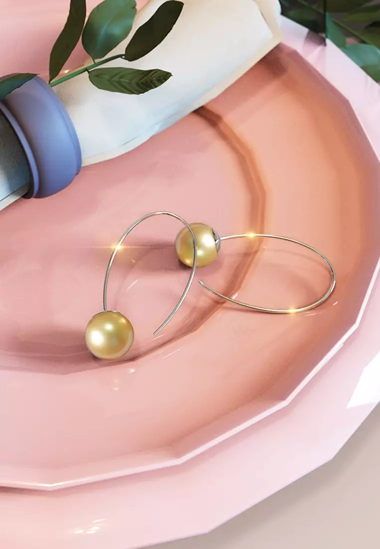 Solid 925 Sterling Silver Round Champagne Imitation Pearl Dangle Earrings