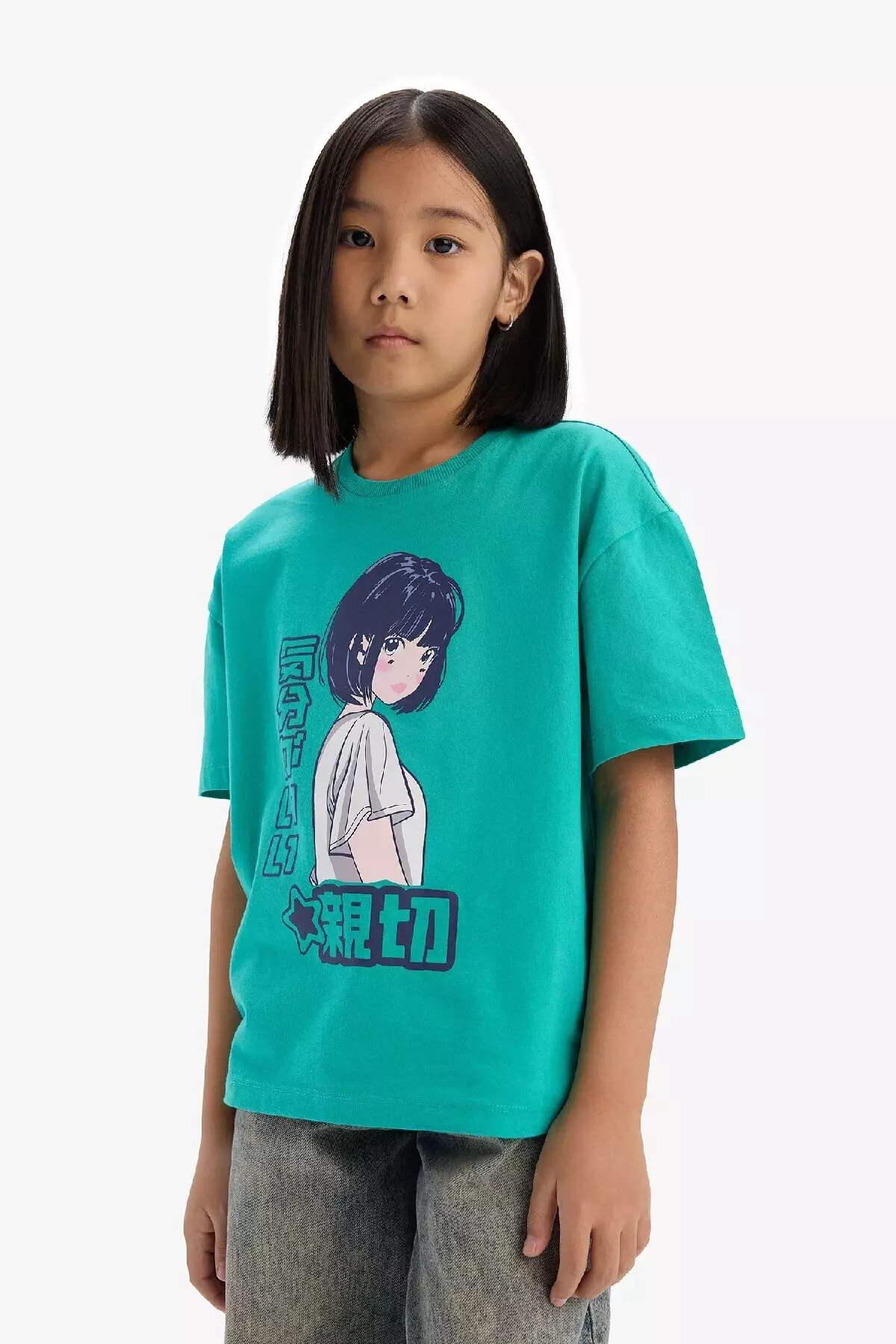 Girl's Oversize Wide Fit Crew Neck Printed Short Sleeve T-Shirt E0356A825Sm