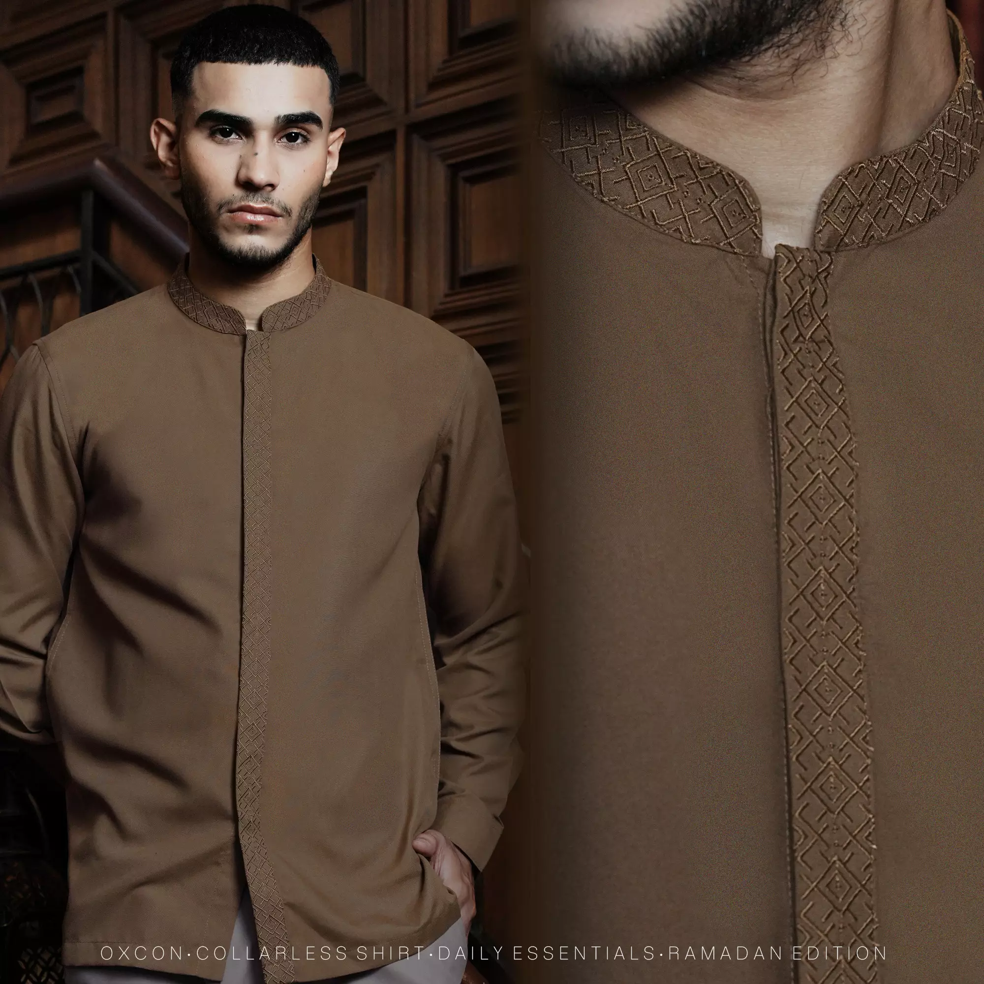 Kemeja Koko Bordir Azril Tangan Panjang Pria Muslim Lebaran Dark Caramel