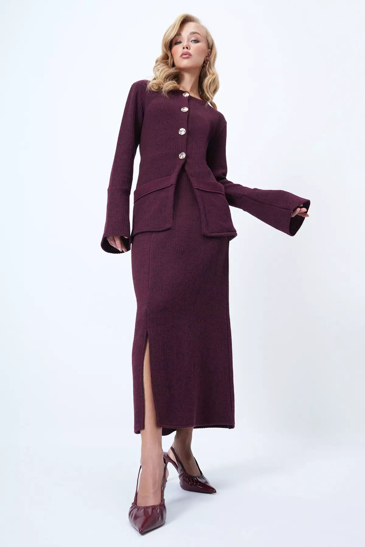 Women'S Burgundy Crew Neck Button Detailed Pocketed Knitted Blouse And Slit Midi Skirt Set Alc-X14538