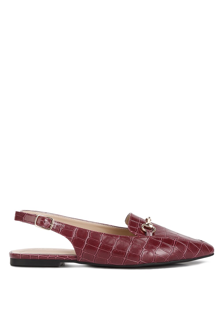 Burgundy Croc Slingback Flat Sandals
