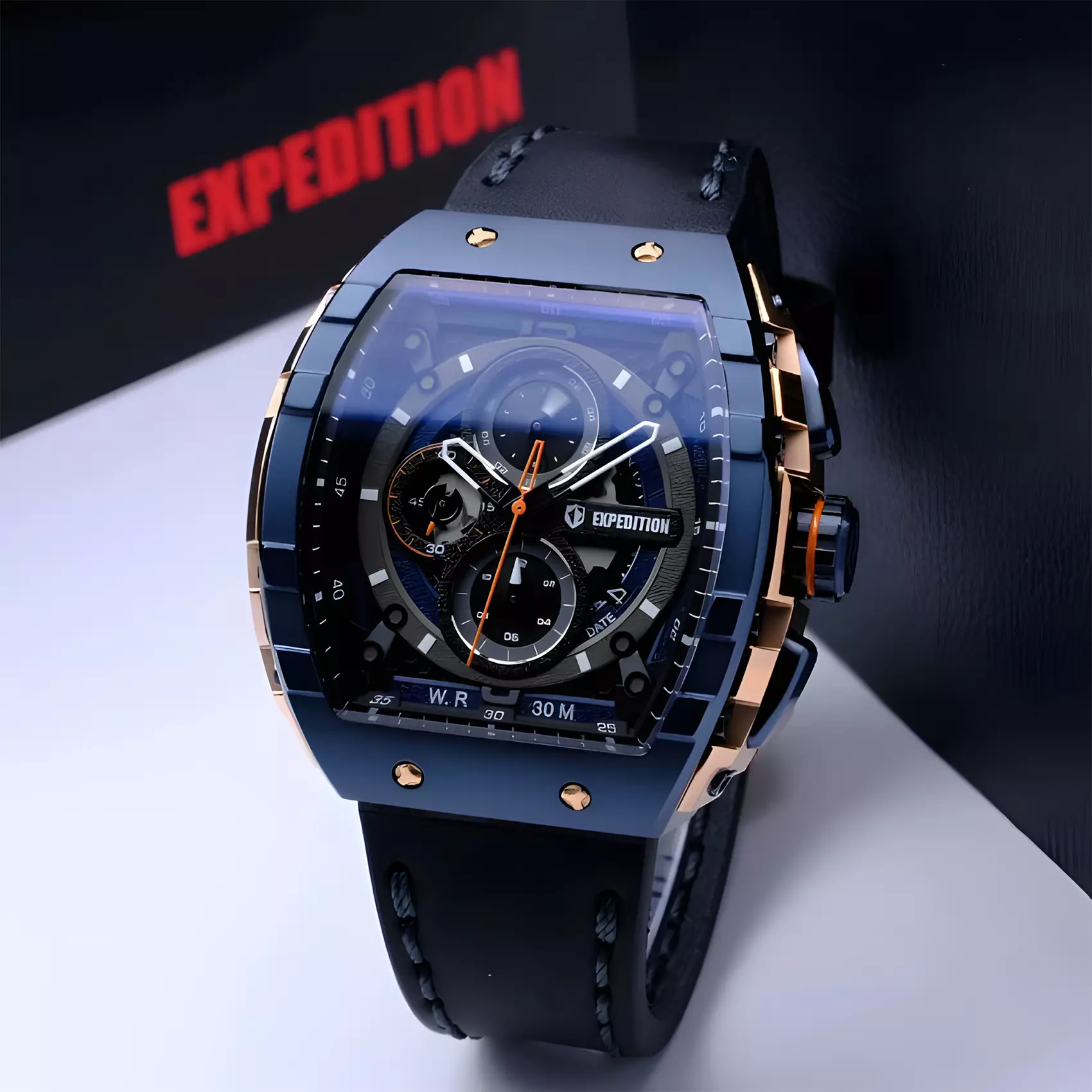 Expedition - Jam Tangan Chronograph Pria - Rose Gold Blue - Black Leather Strap - 6782 MCLURBUBA
