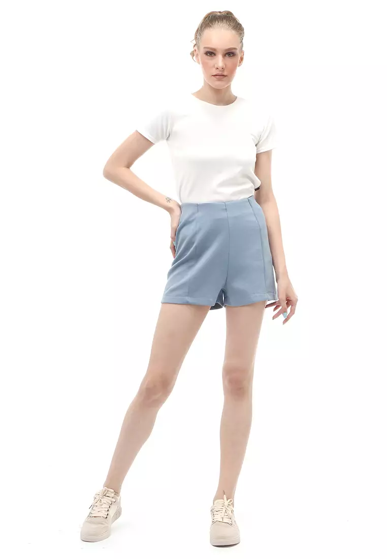 Short Pants Bawahan Wanita Motif Solid Design Casual Premium Quality - Blue