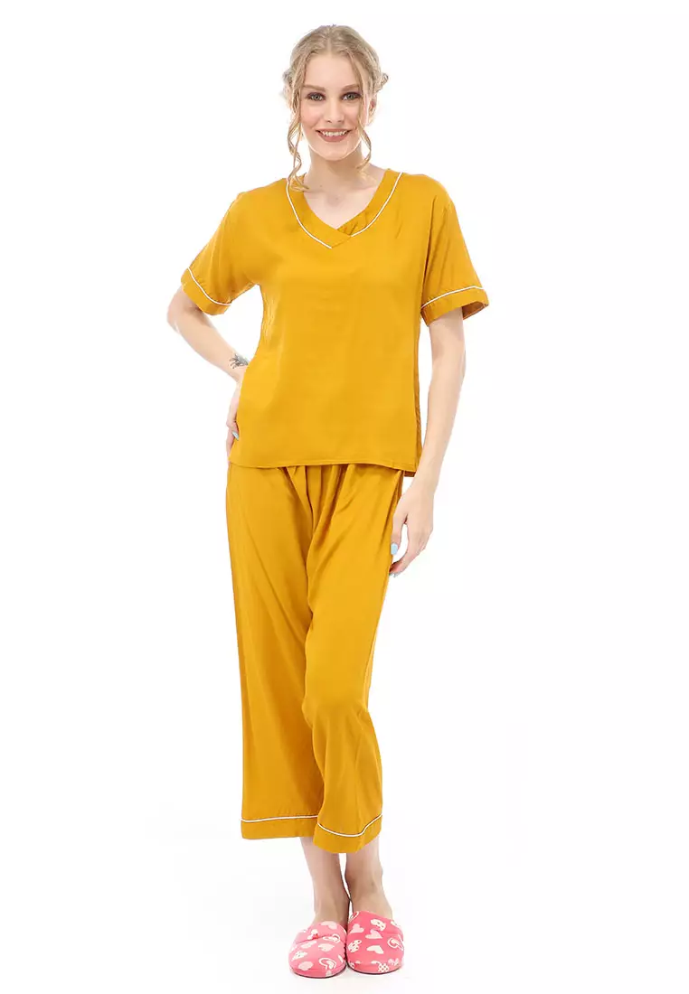 Vance Piyama Setelan Baju Tidur Wanita Lengan Pendek Material Rayon ORIGINAL - Yellow