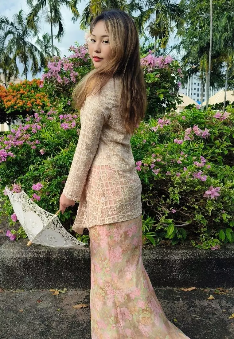 Loveaisyah Beige Checkered Lace Kebaya Top & Floral Chiffon Skirt Hari Raya