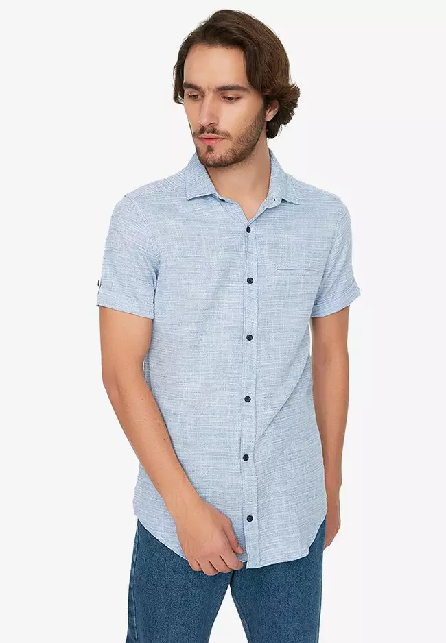 Royal blue mens dress shirt short sleeve best sale