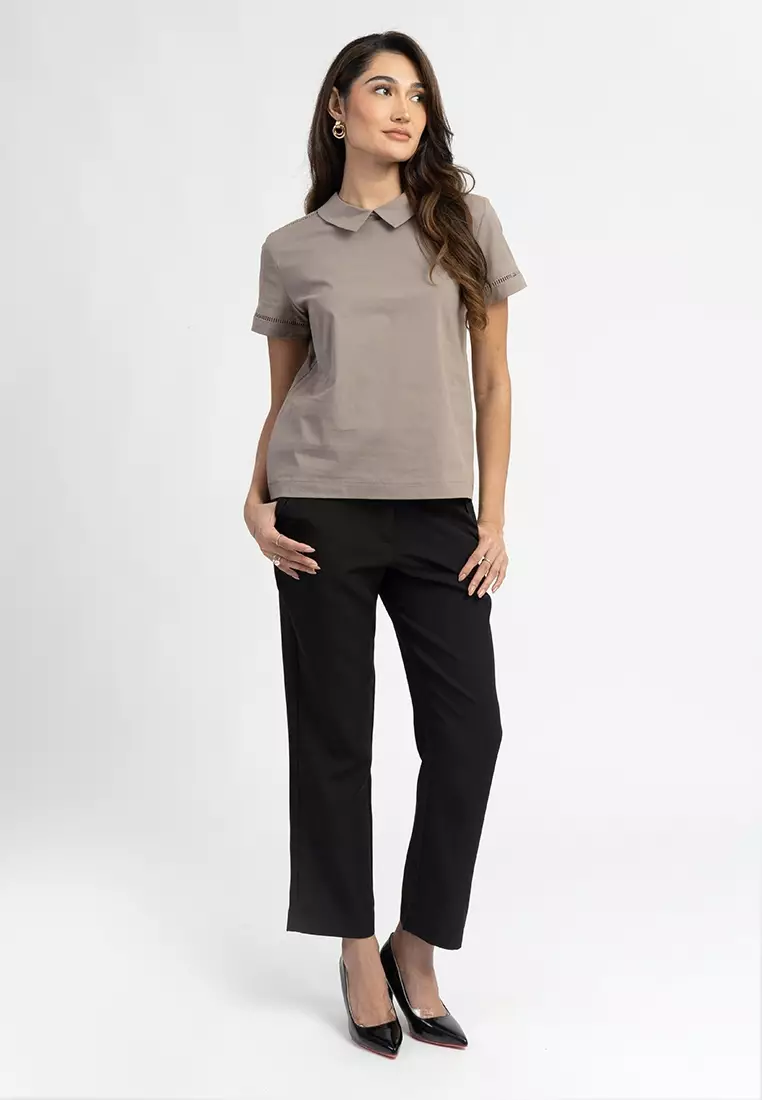 Zeya Peter Pan Collar Top with Eyelet Trim