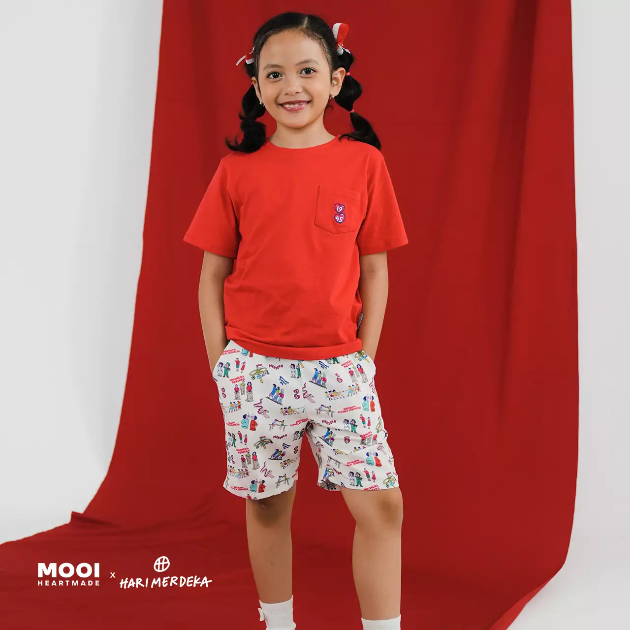 Mooi x Hari Merdeka 17 Agustus Kaos Kemerdekaan Setelan Anak Pocket Tee Set Kemerdekaan - White-Red