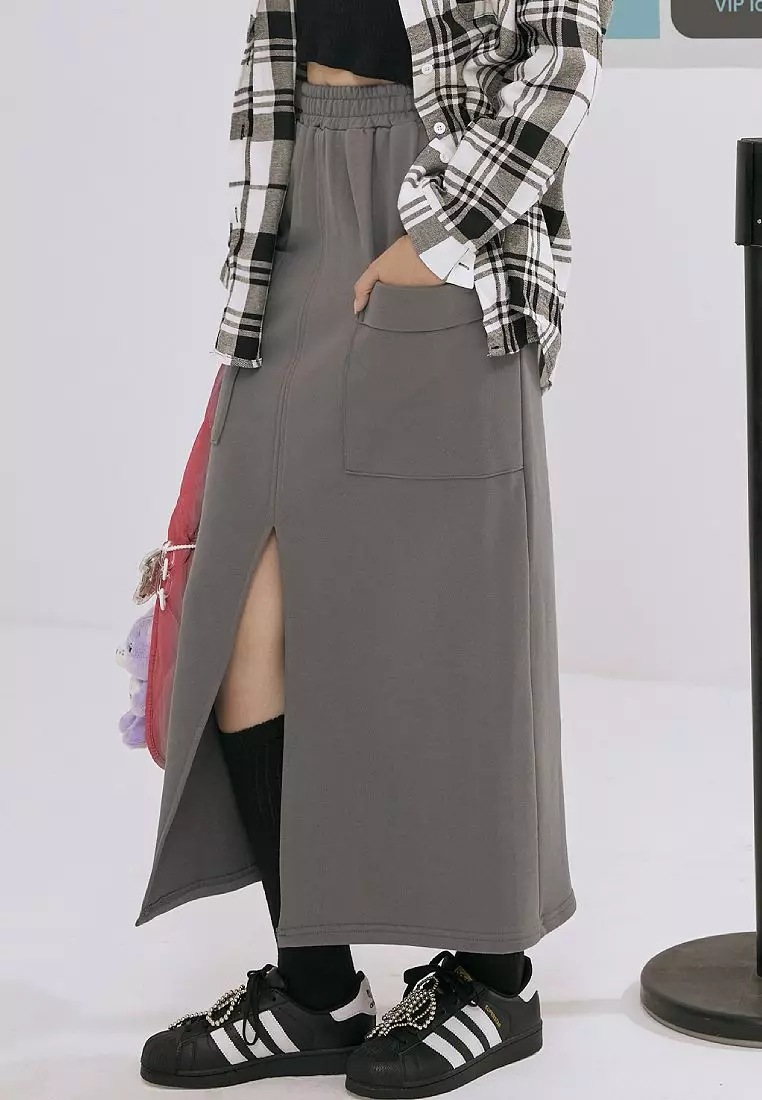 Casual Front Slit Pocket Elastic Waist Maxi Skirt [CA2991]