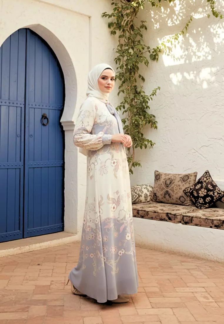 Mosleem Long Dress Pasley Motif In two Tone Cream and Blue By Brilliant Girl Warna CREAM