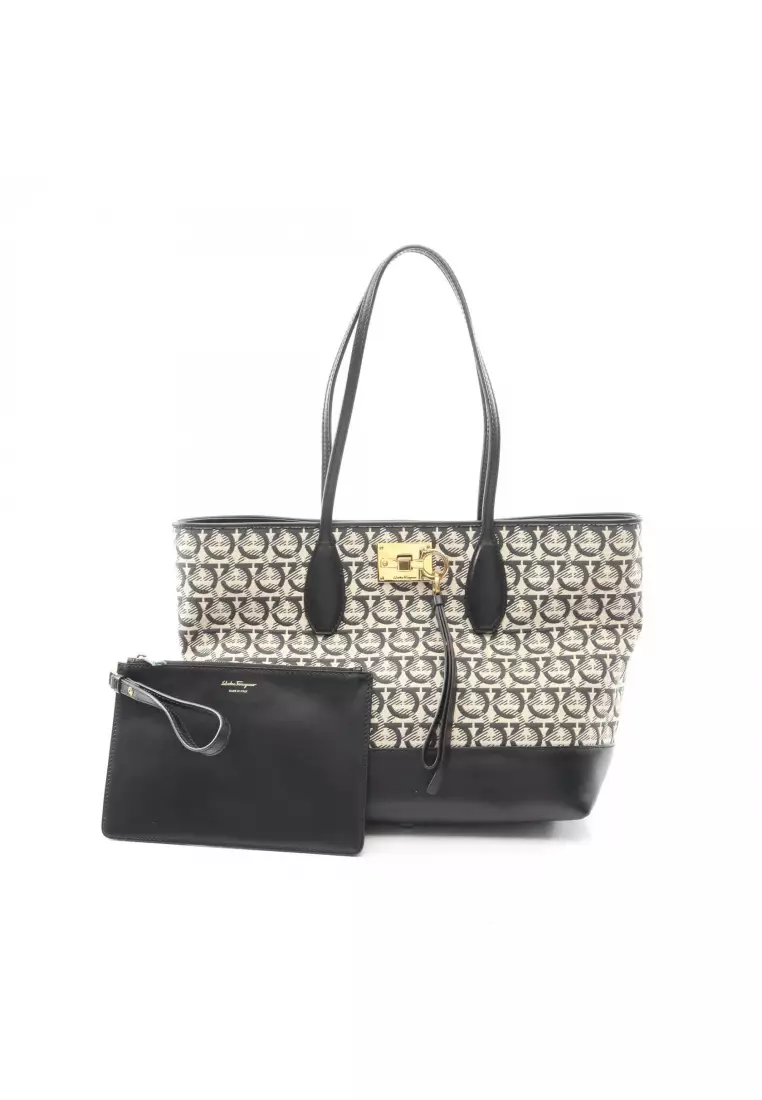 Pre-Loved Salvatore Ferragamo Gancini Shoulder bag tote bag canvas leather black beige