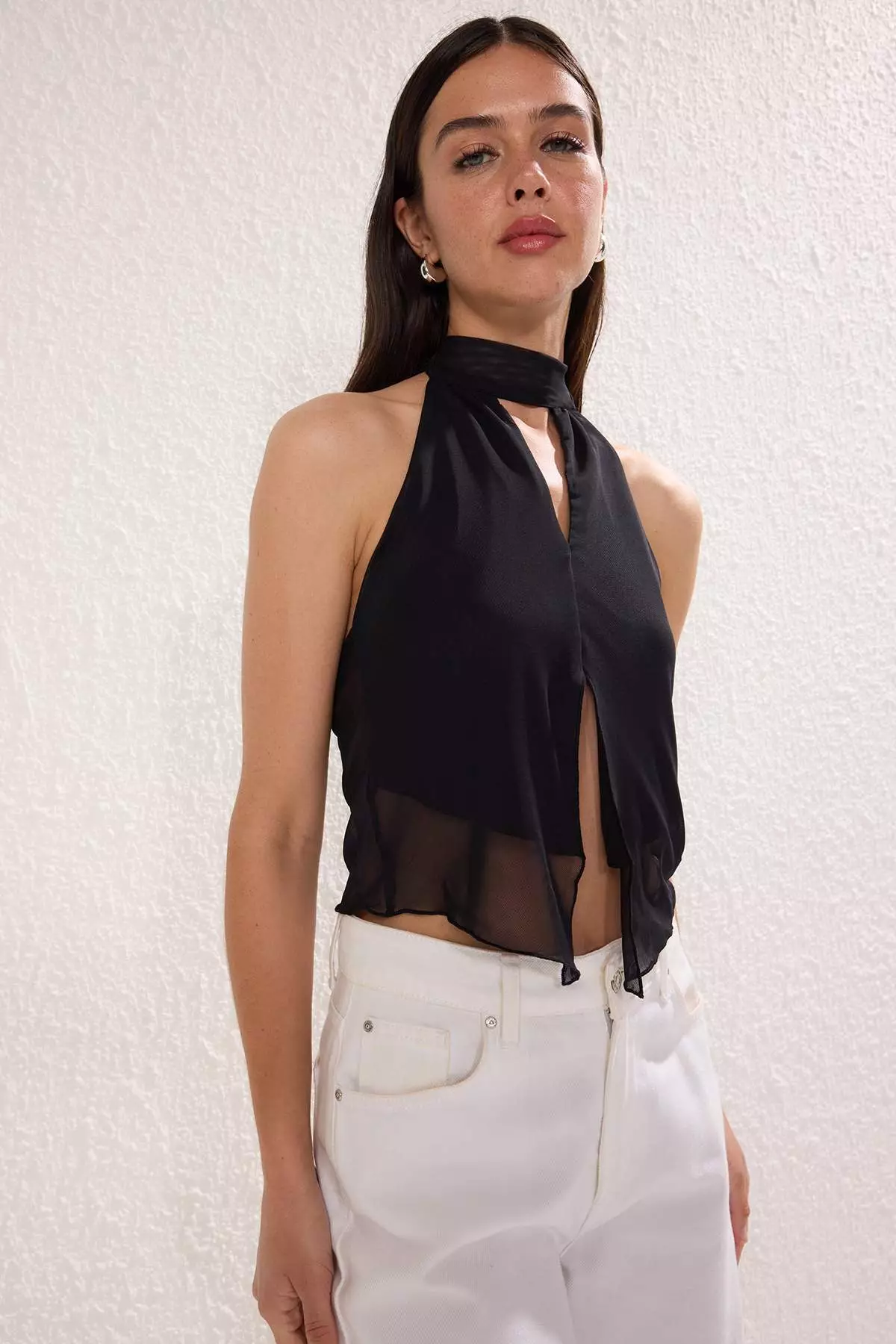 Black Halter Neck Knitted Tulle Party Blouse Tprss25Bz00053