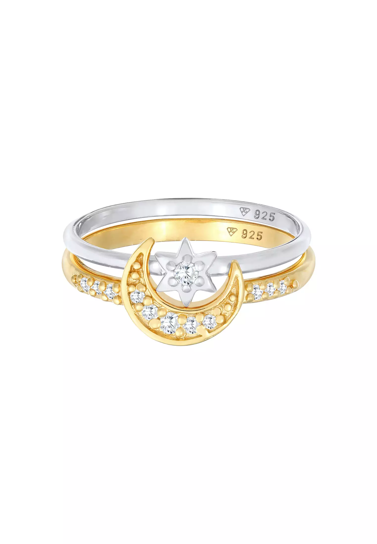 Ring Stacking Set Star Moon Astro Trend Bi-Color Zirconia Crystals Gold Plated