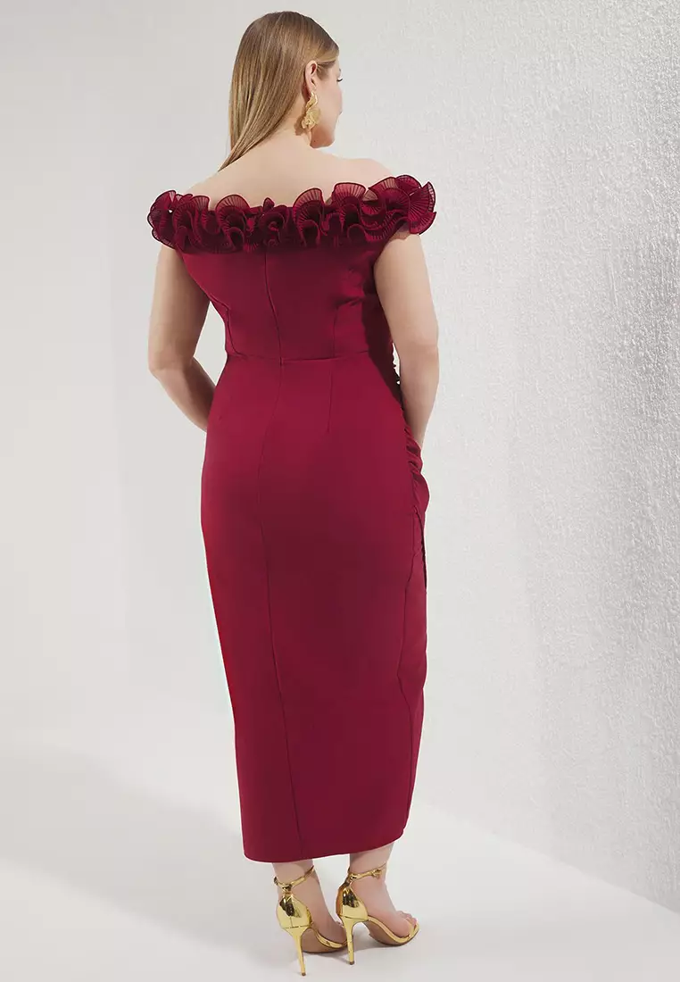 Burgundy Madonna Collar Frilly Slit Woven Large Size Dress Tbbss25Ah00142