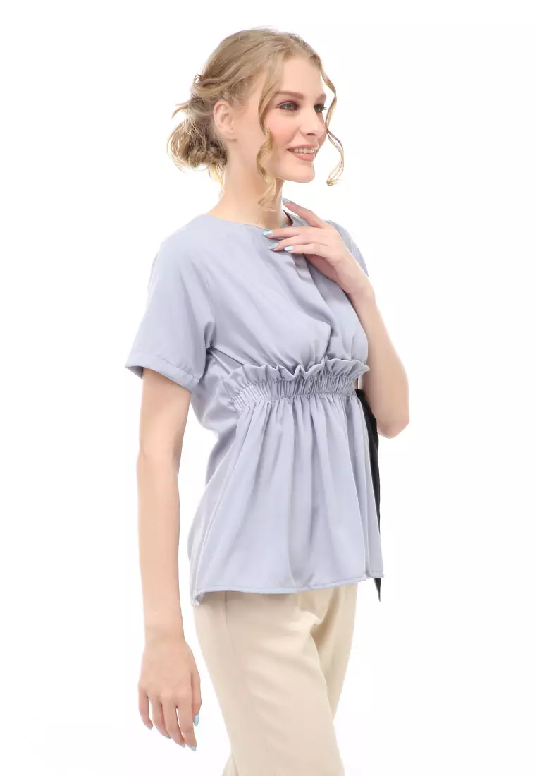 Cheva Blouse Atasan Wanita Kasual Pinggang Karet Pita Ikat Simple Material Wolfis ORIGINAL - Light Gray