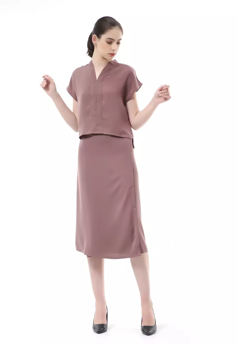 Nayra Setelan Baju & Rok Wanita One Set Adjustable Short Sleeve Material Dolce ORIGINAL - Chocolate
