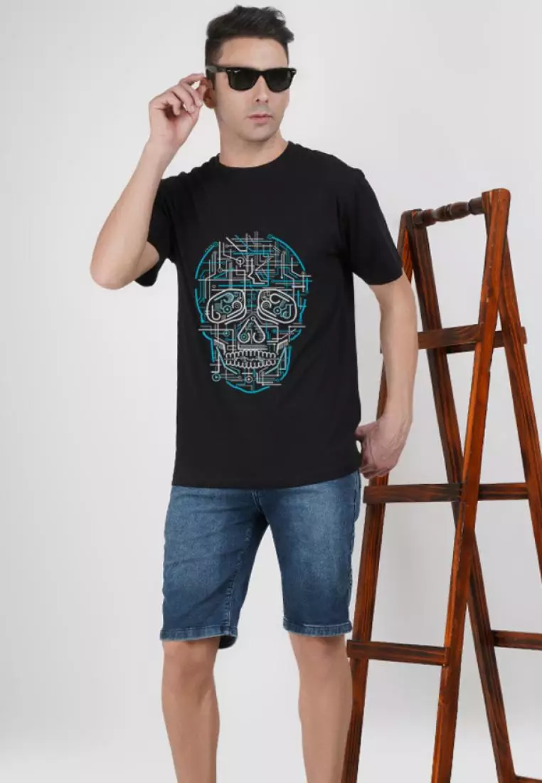 Electric Skull 黑色图案棉质短袖必备 T 恤